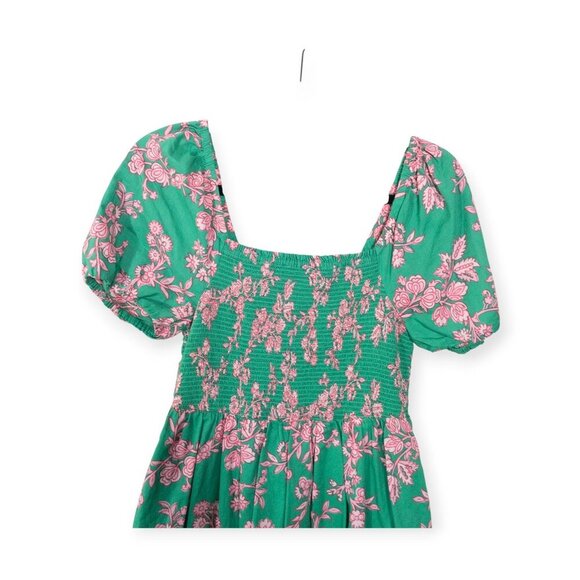 J.Crew Floral Puff Sleeve Smocked Cotton Midi Dress SZ S Green Boho Cottage Core - Picture 3 of 9